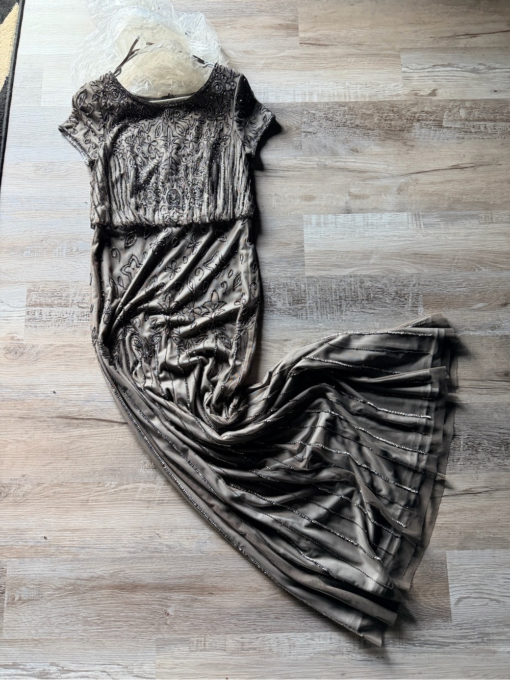 Elegant Beaded slate grey maxi Dress with Short Sleeves